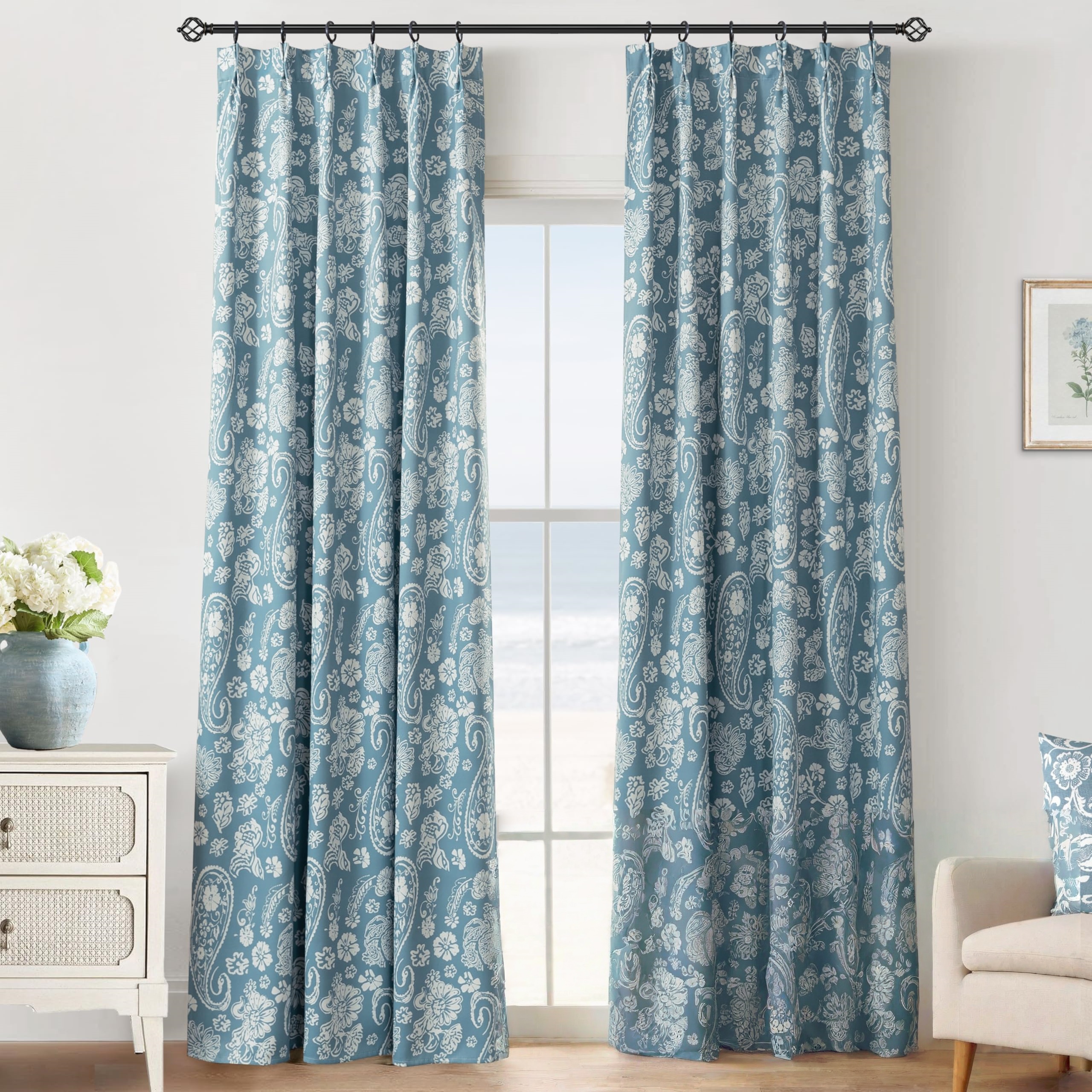Coastal farmhouse style blue patterned curtains