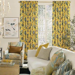 Curtains decorated with blue-gray floral vines and mustard yellow