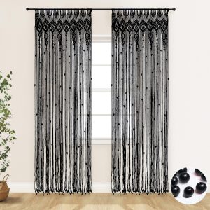 Geometric diamond-patterned black tassel curtains