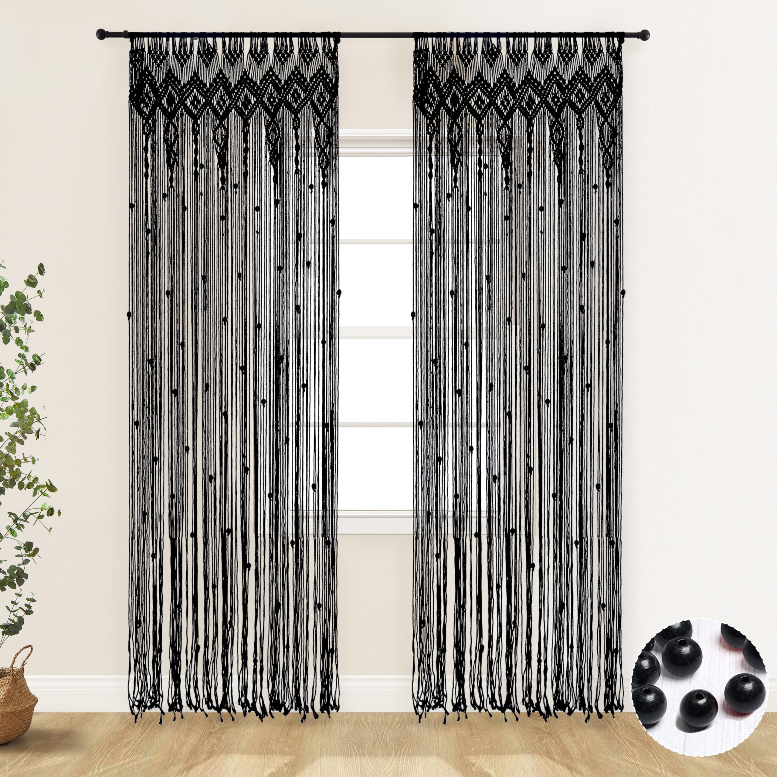 Geometric diamond-patterned black tassel curtains