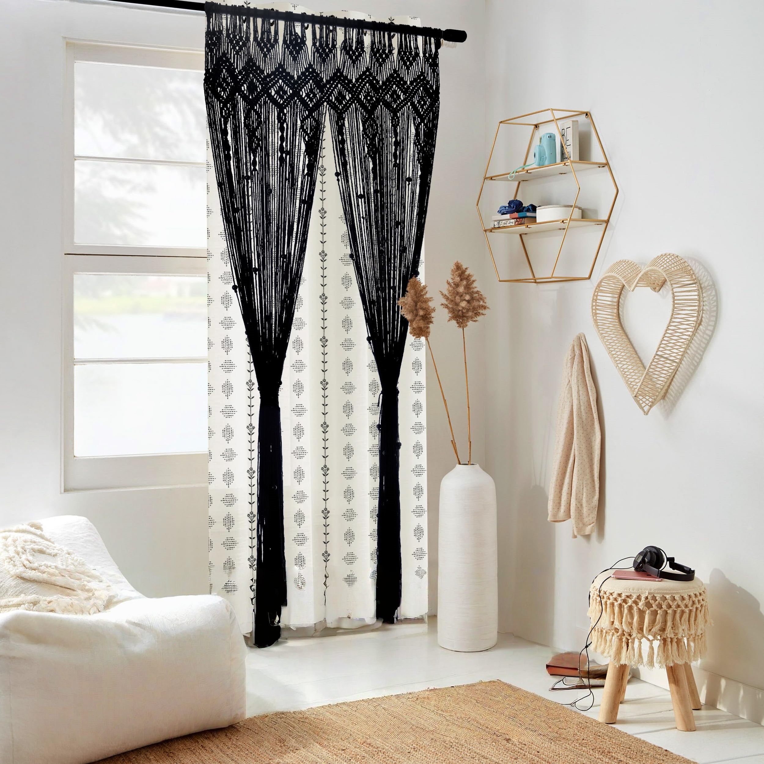 Geometric diamond-patterned black tassel curtains - Image 2