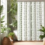 Green tropical leafy plant-themed bathroom curtain