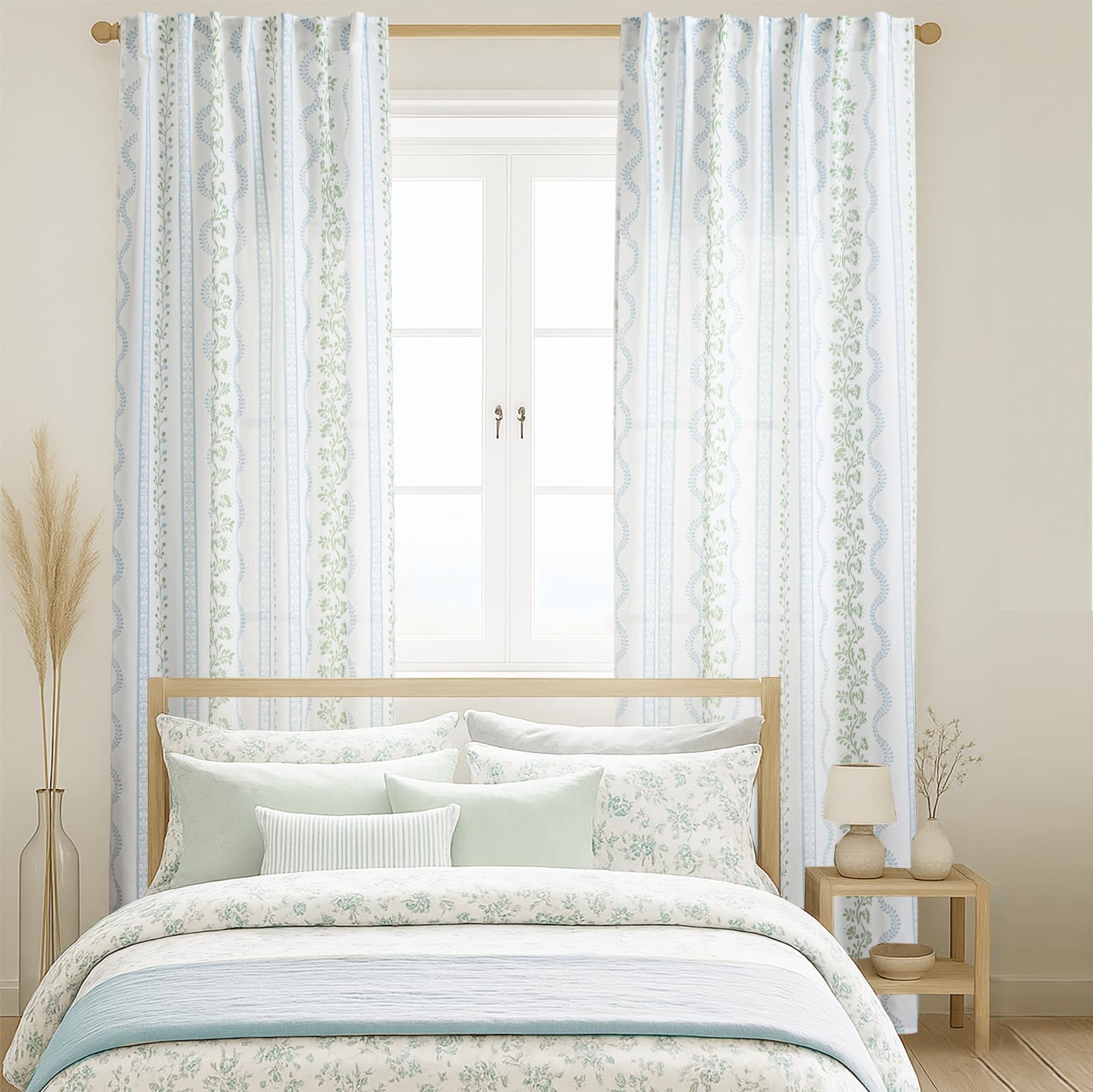 Light blue vertical striped curtains