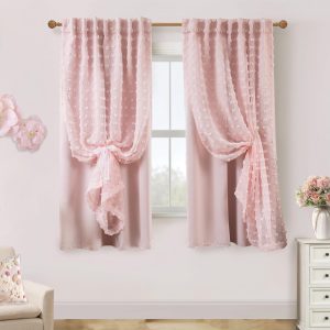Light pink vertical tufted polka dot pattern curtains