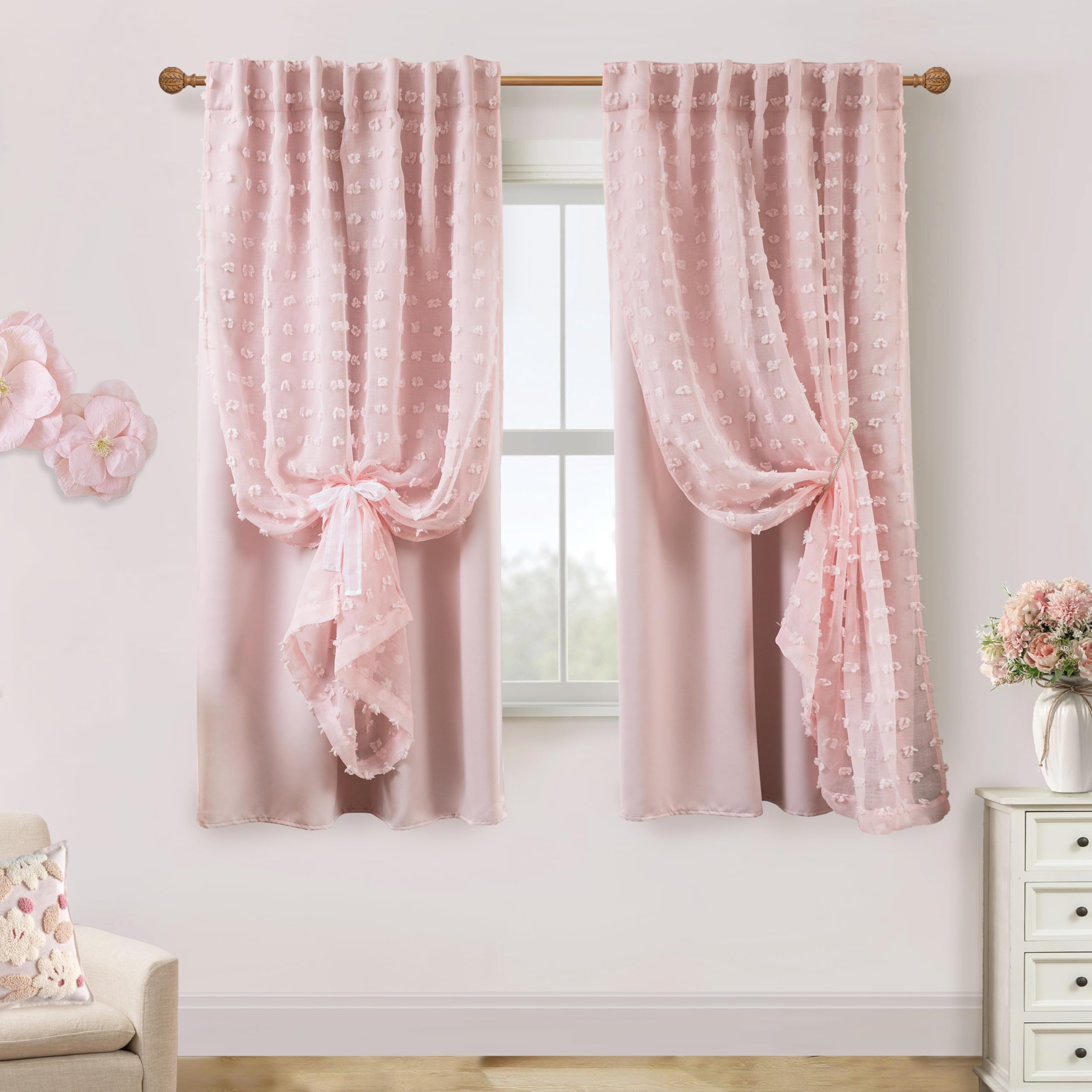 Light pink vertical tufted polka dot pattern curtains