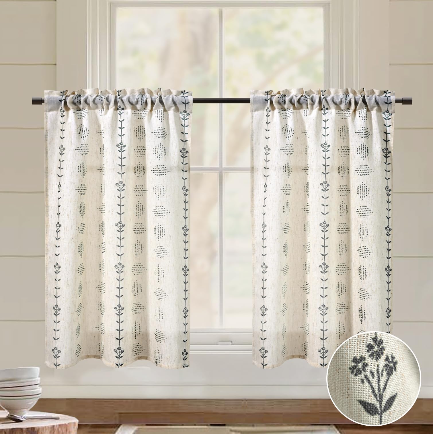 Plant striped printed ivory coffee curtain - Image 2