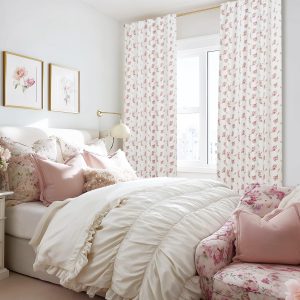 Soft, country-style pink floral pattern curtains