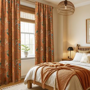 Terracotta-colored curtains in the flower garden