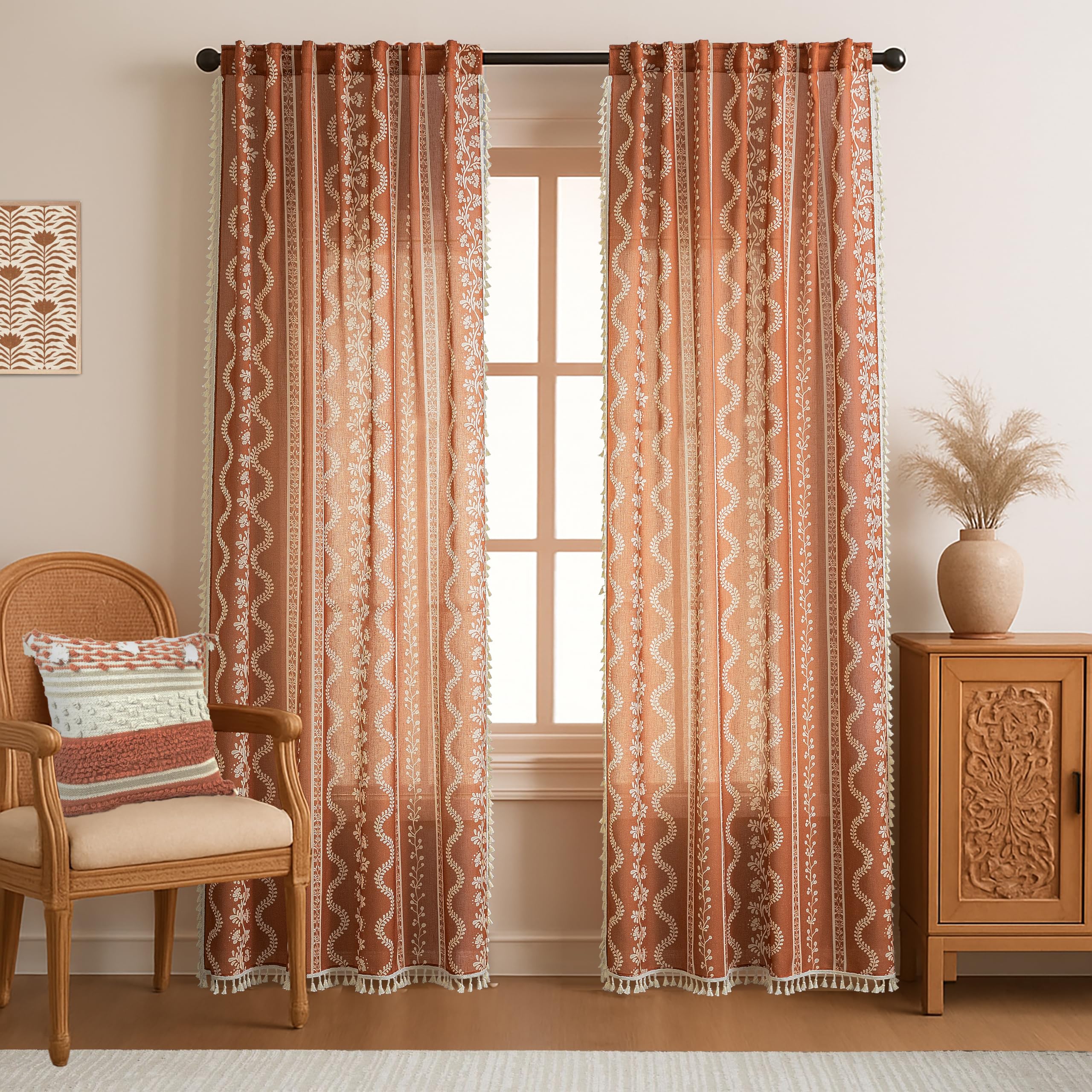 Vertical embroidered diamond stripe pattern tassel curtains