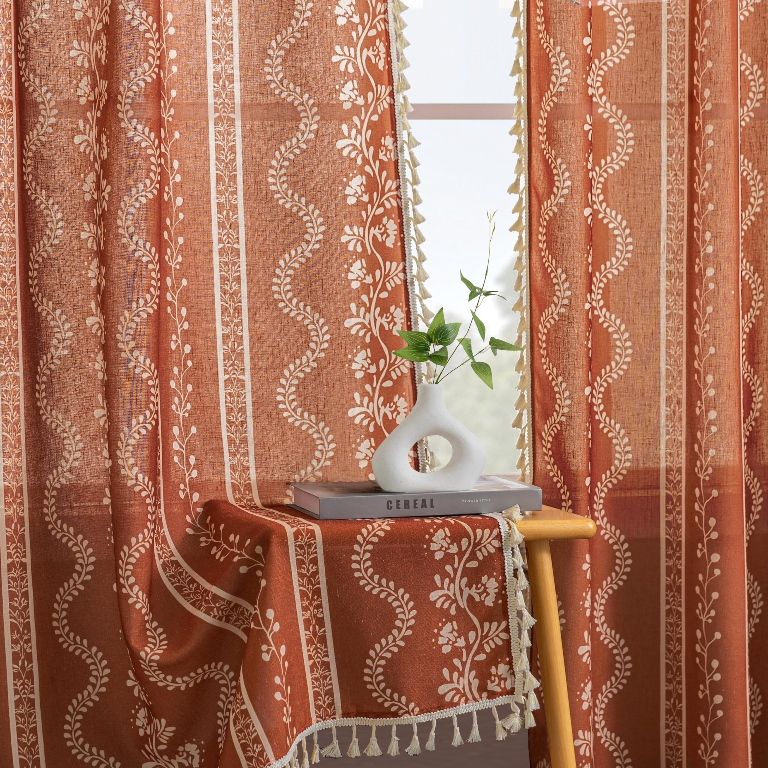 Vertical embroidered diamond stripe pattern tassel curtains - Image 2