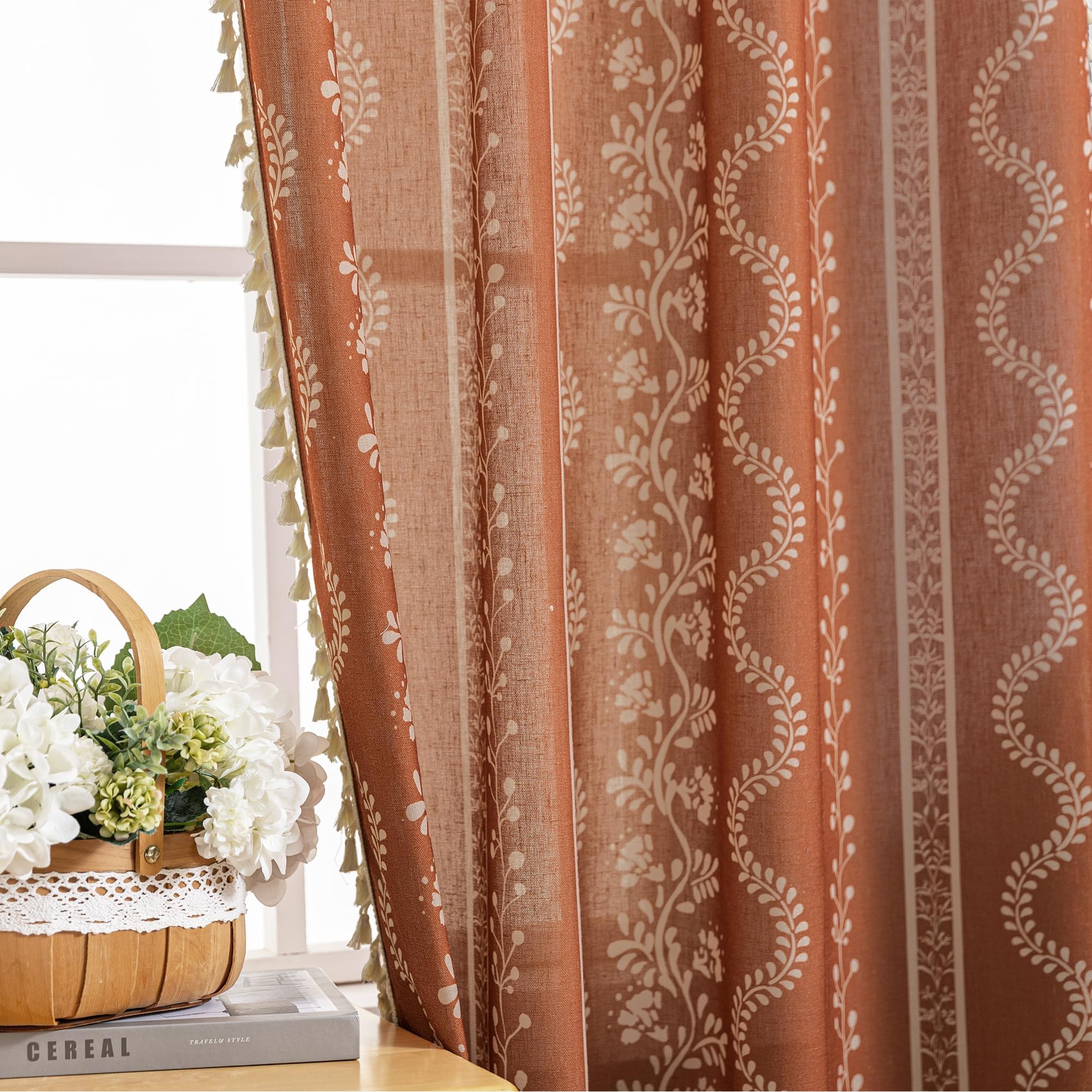 Vertical embroidered diamond stripe pattern tassel curtains - Image 3
