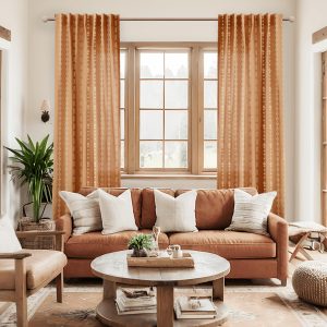 Vertical embroidered diamond striped terracotta curtains