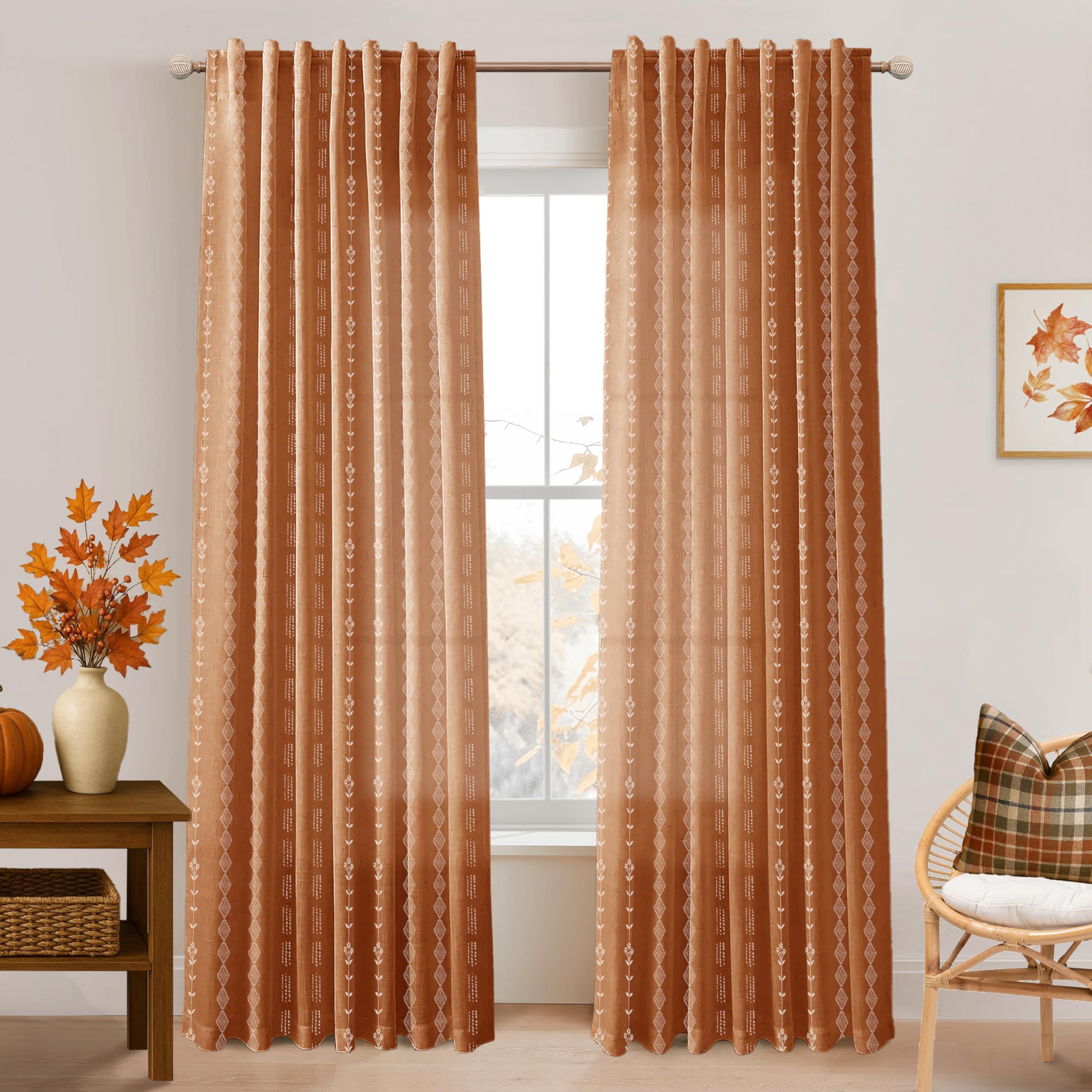 Vertical embroidered diamond striped terracotta curtains - Image 3