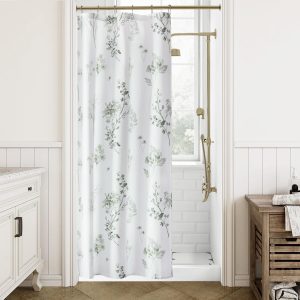 White curtains with blue floral pattern