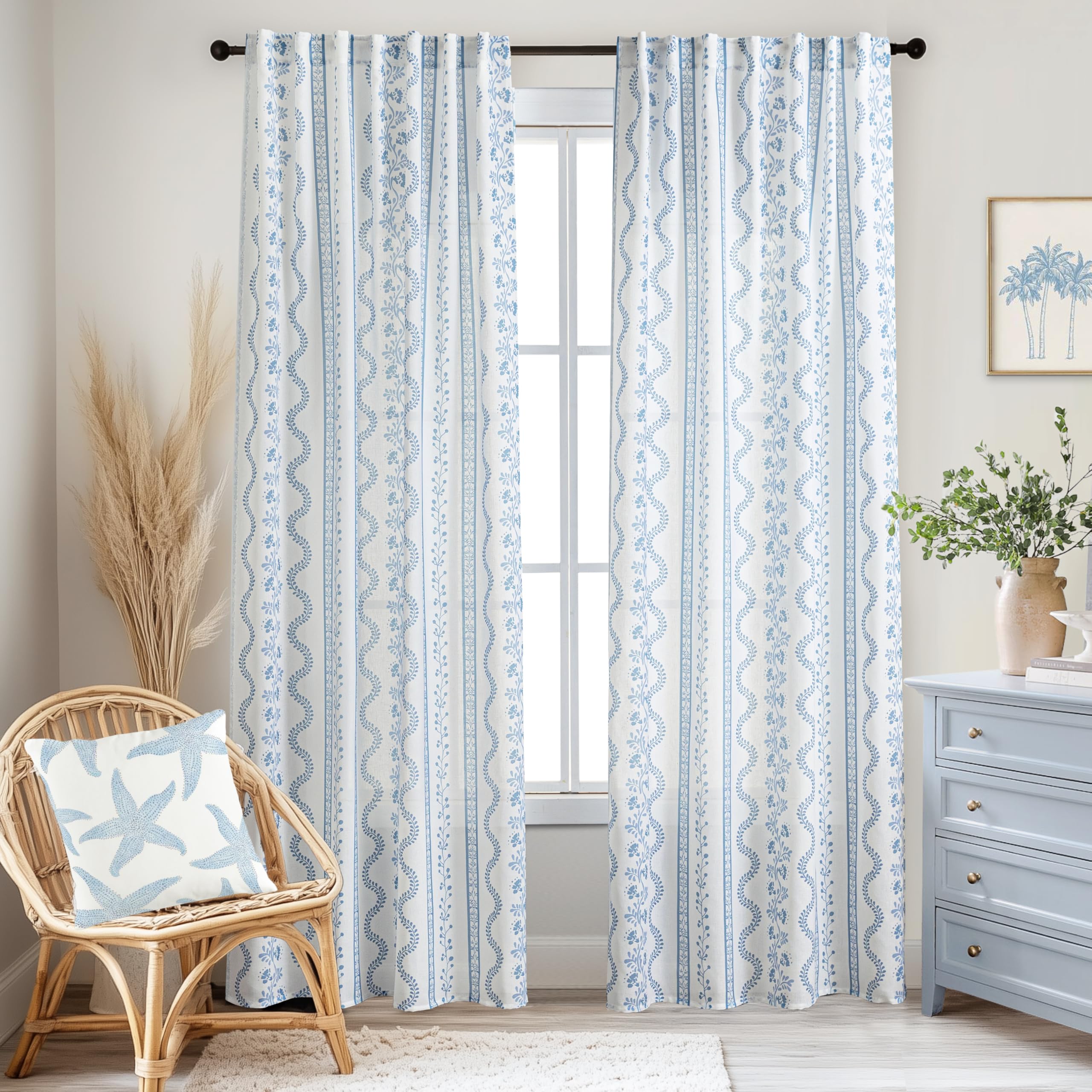 White curtains with polka dot stripe print.