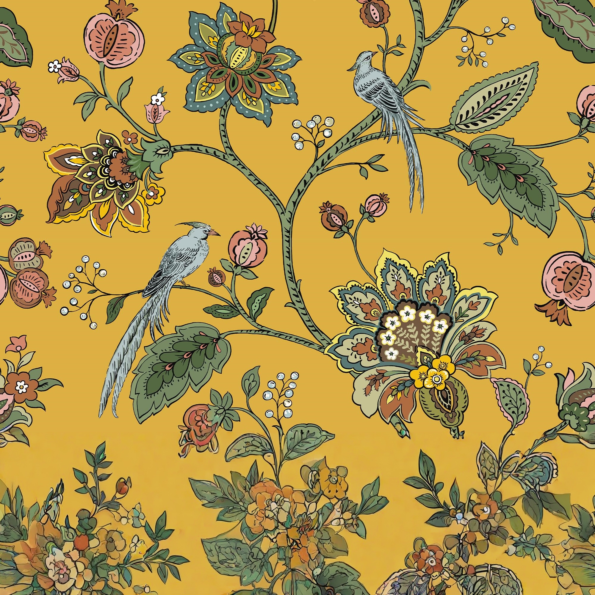 Curtains decorated with blue-gray floral vines and mustard yellow - Image 3