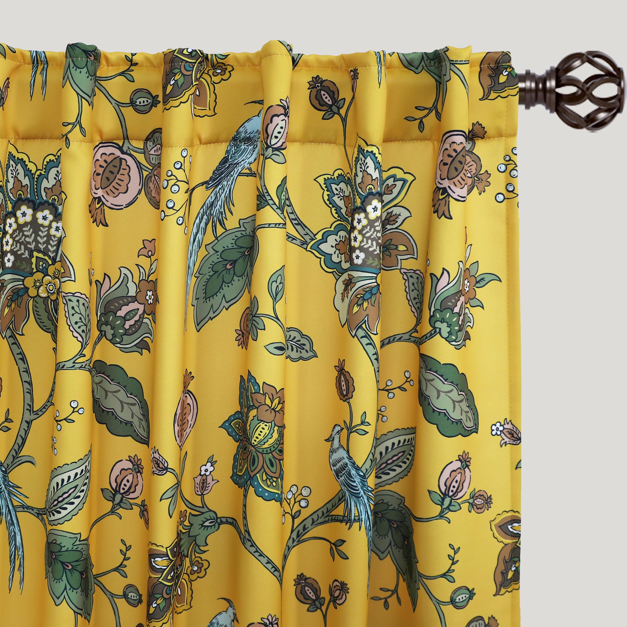 Curtains decorated with blue-gray floral vines and mustard yellow - Image 4