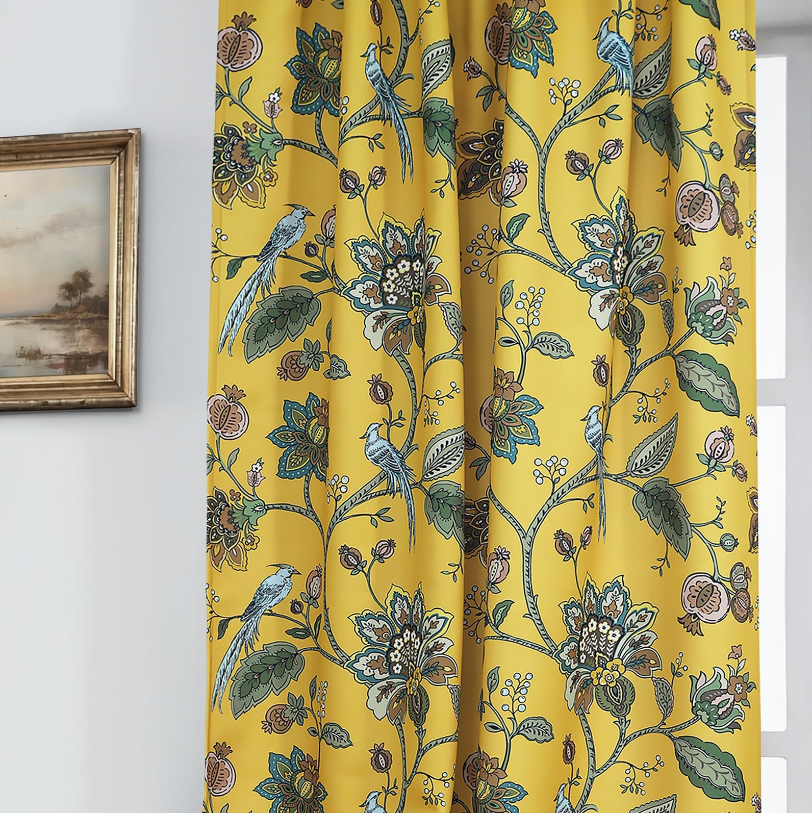 Curtains decorated with blue-gray floral vines and mustard yellow - Image 2