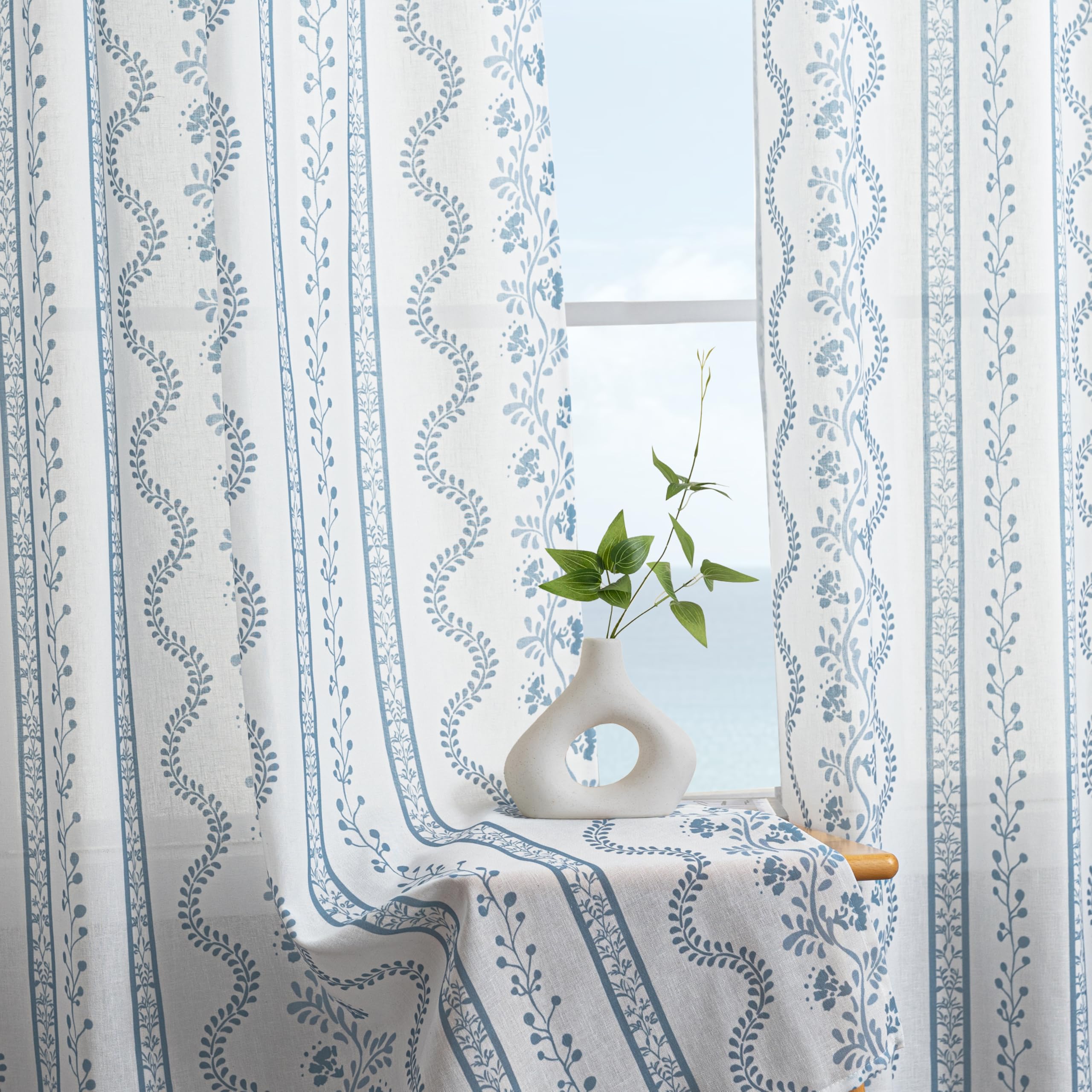 White curtains with polka dot stripe print. - Image 2